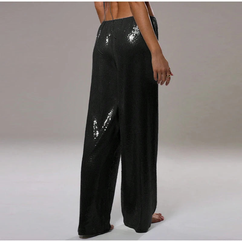 Loose Solid Color Sequin Pants Women's Cinched Waist Glitter Straight Baggy Long Pants Casual Street Chic Sparkle Women's Trousers