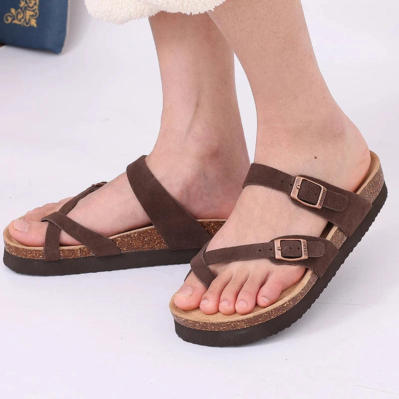 Shevalues Cork Sole Slippers For Women Men Classic Suede Summer Sandals With Arch Support Fashion Orthopedic Beach Cork Shoes