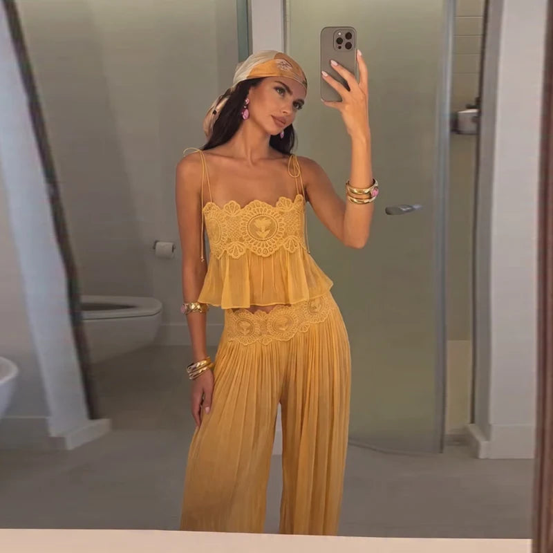 Women's Pant Set Sheer Layers Spaghetti Strap Backless Lace Top Straps Solid Loose Straight Elastic Hem Fashion Beach Chic Suits