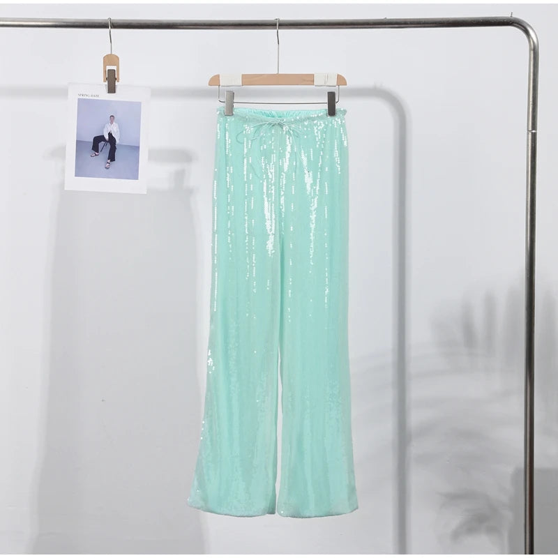 Loose Solid Color Sequin Pants Women's Cinched Waist Glitter Straight Baggy Long Pants Casual Street Chic Sparkle Women's Trousers