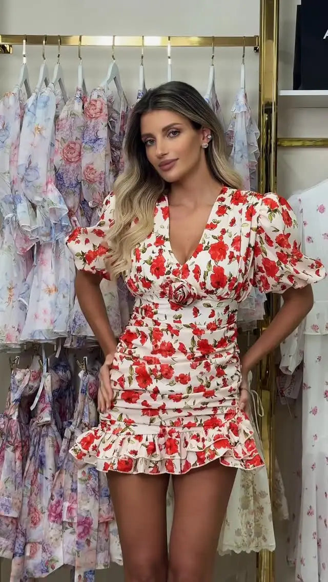 White Red Floral Ruched Puff Sleeve Mini Dress V-neck Ruffle Hem 3D Rose Dresses 2026 Summer Lady Party Sweet Date Vestidos New