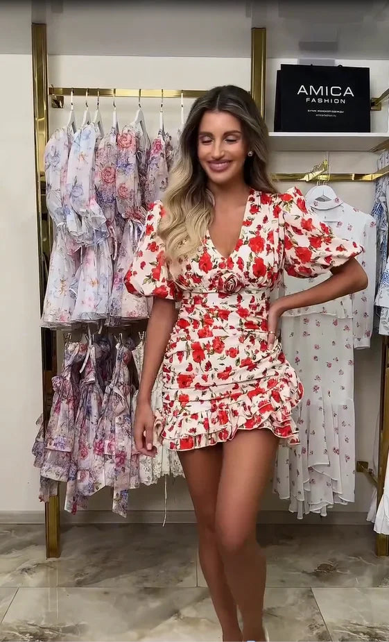 White Red Floral Ruched Puff Sleeve Mini Dress V-neck Ruffle Hem 3D Rose Dresses 2026 Summer Lady Party Sweet Date Vestidos New