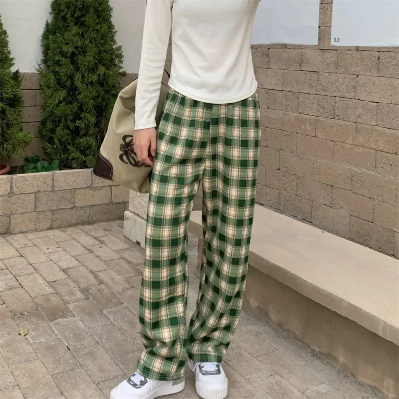 Fashion Warm Plush Pants Cashmere Thick Plaid Women's Winter Casual Loose Wide-legged Pants Korean Streetwear Students