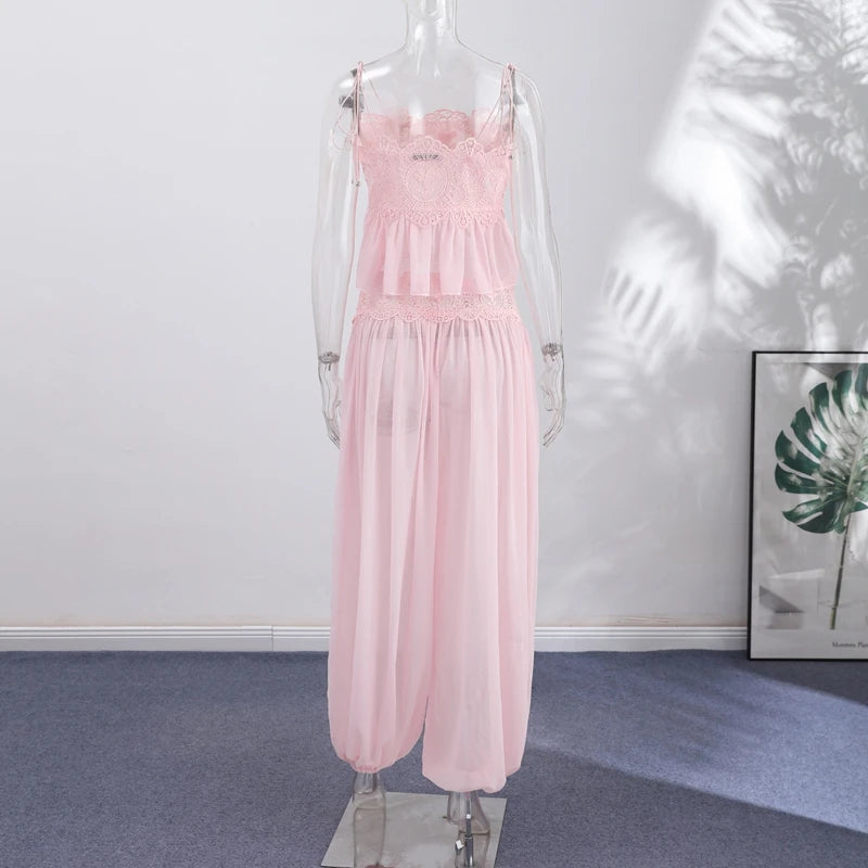 Women's Pant Set Sheer Layers Spaghetti Strap Backless Lace Top Straps Solid Loose Straight Elastic Hem Fashion Beach Chic Suits