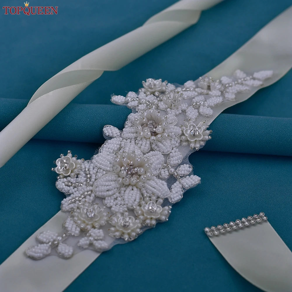 TOPQUEEN S484 Bridal Belt Fashion Wedding Accessories White Pearl Beaded Flower Sash Women's Party Dresses Accessories Appliques