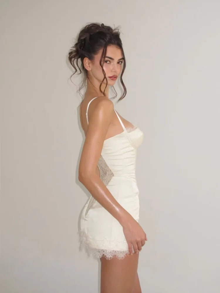 Women's White Lace Trim Corset Mini Dress Sexy Sweetheart Neck Spaghetti Strap Slit Hem 2026 Summer Leisure Nightclub Party Wear