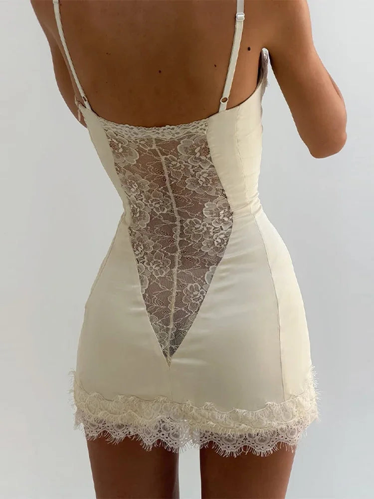 Women's White Lace Trim Corset Mini Dress Sexy Sweetheart Neck Spaghetti Strap Slit Hem 2026 Summer Leisure Nightclub Party Wear