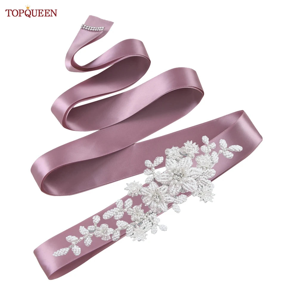 TOPQUEEN S484 Bridal Belt Fashion Wedding Accessories White Pearl Beaded Flower Sash Women's Party Dresses Accessories Appliques