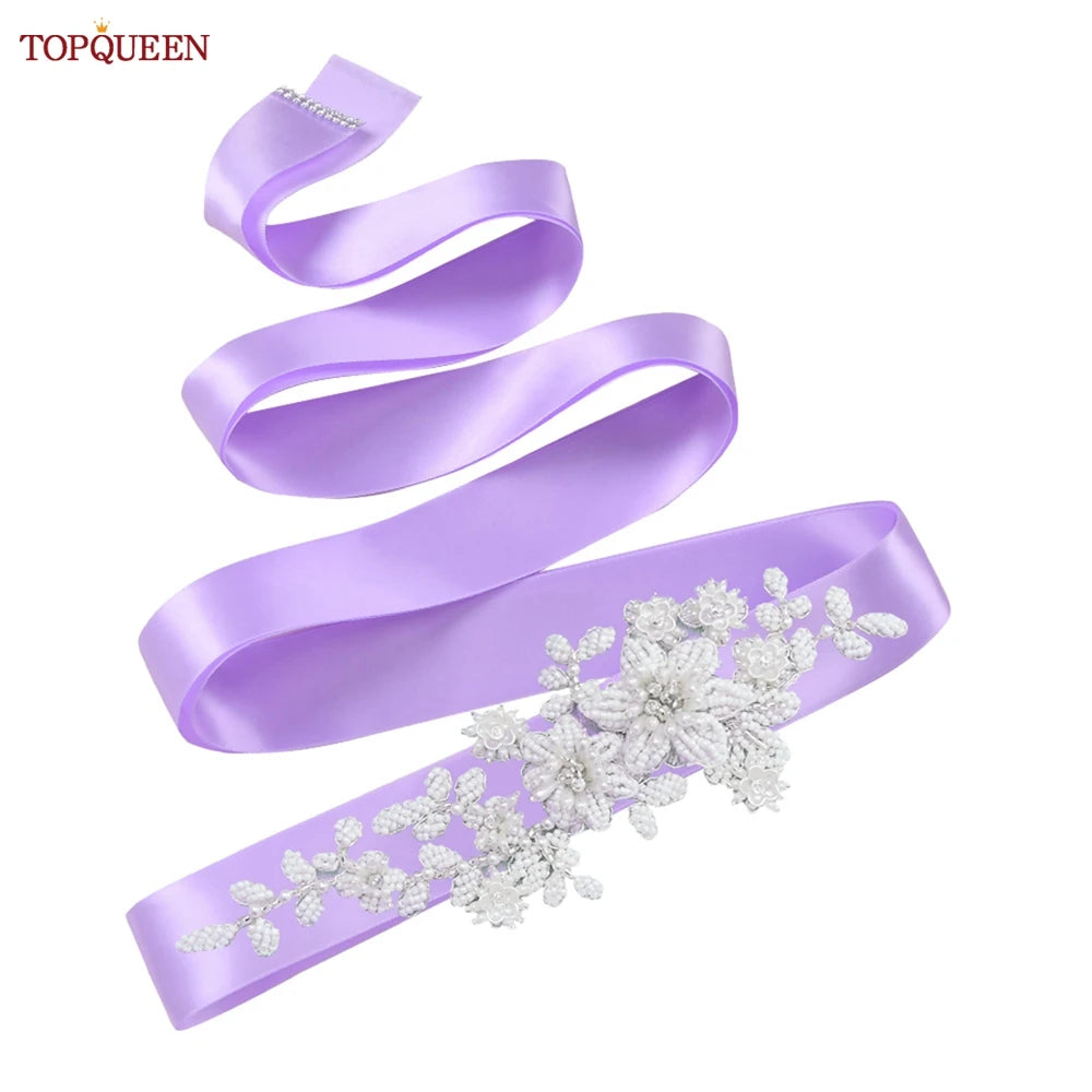 TOPQUEEN S484 Bridal Belt Fashion Wedding Accessories White Pearl Beaded Flower Sash Women's Party Dresses Accessories Appliques