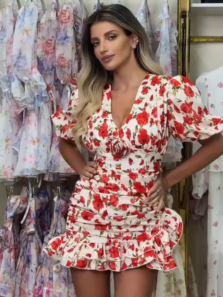 White Red Floral Ruched Puff Sleeve Mini Dress V-neck Ruffle Hem 3D Rose Dresses 2026 Summer Lady Party Sweet Date Vestidos New