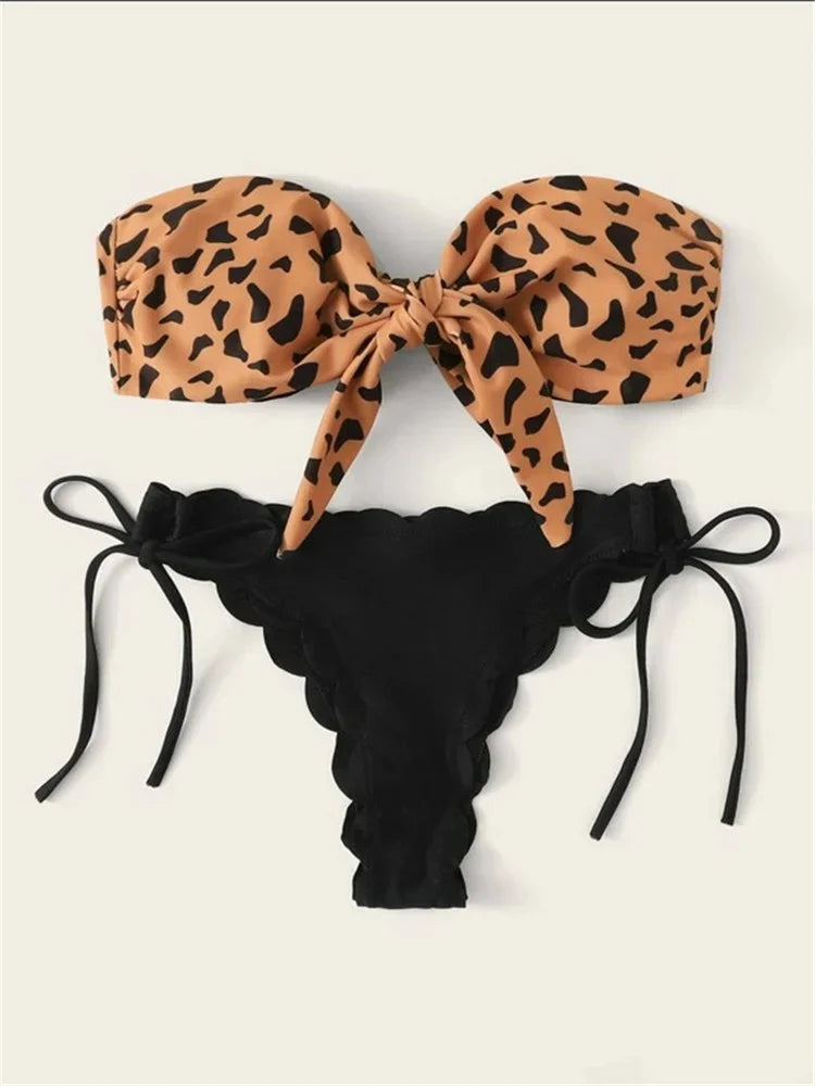 Beach Bikini 2026 Women Sexy Front Lace Up Tie Bandeau Leopard Swimsuit Female Push Up Ruffled Bow Bathing Suit Thong Swimwear