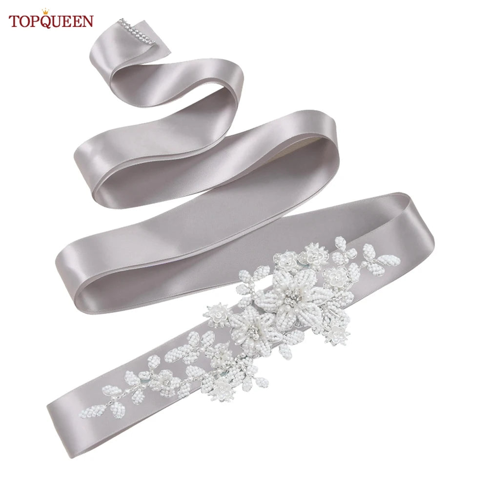 TOPQUEEN S484 Bridal Belt Fashion Wedding Accessories White Pearl Beaded Flower Sash Women's Party Dresses Accessories Appliques