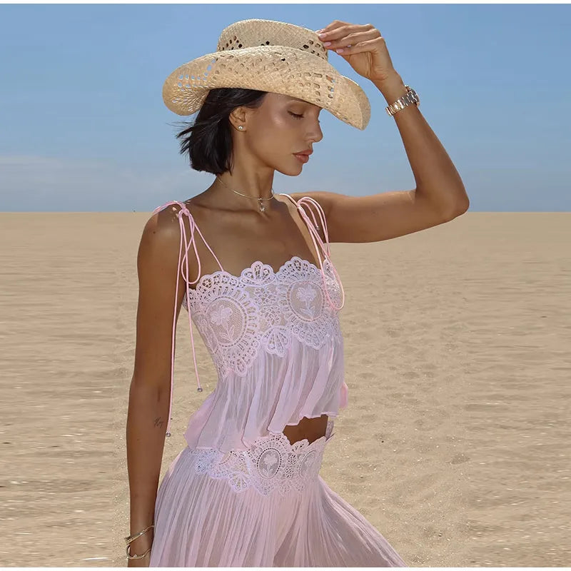 Women's Pant Set Sheer Layers Spaghetti Strap Backless Lace Top Straps Solid Loose Straight Elastic Hem Fashion Beach Chic Suits