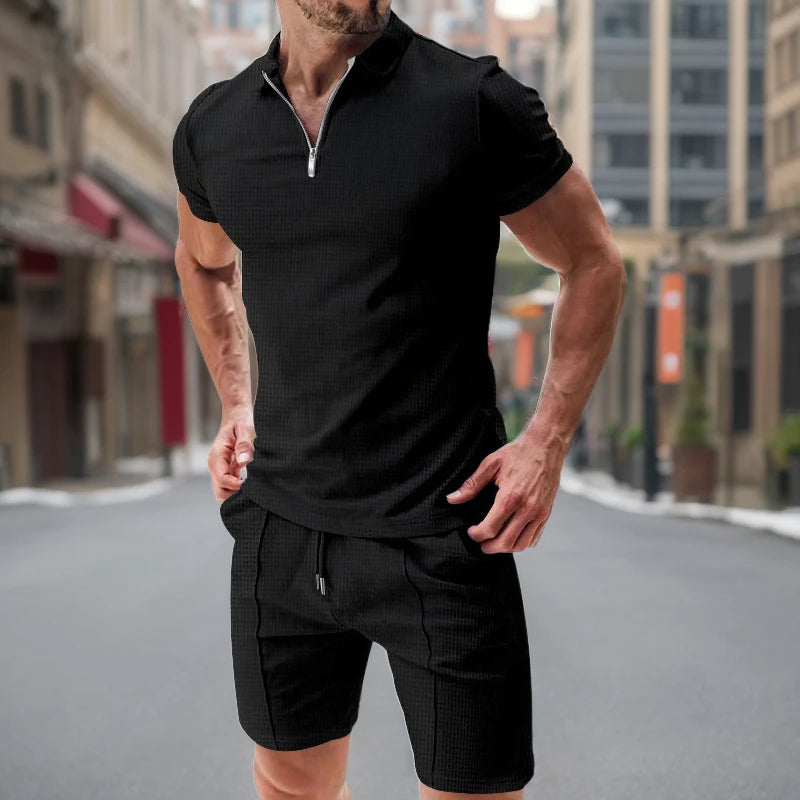 Summer Men's Sports Polo Suit Short Sleeve Stylish Zipper Polo Shirt And Shorts Set Men Casual Streetwear 2-Piece Leisure Sports Set