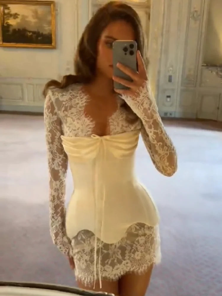 Lace Trim Bustier Dress Satin Deep V Neck Long Sleeve Ruched Sexy Elegant Bandage Vestido 2026 NEW Women's Evening Dresses