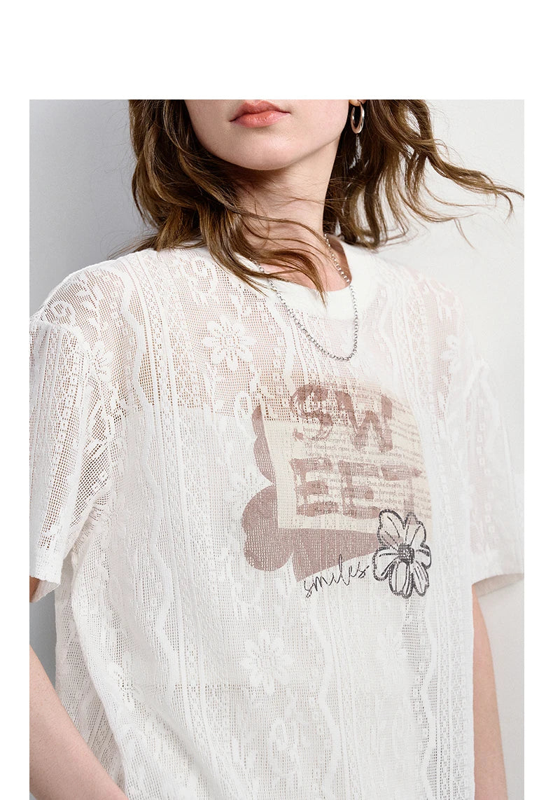 TOYOUTH Women Lace Sheer T-Shirt 2026 Summer New Letter Flower Print Loose Drop Shoulder Fashion Pullover Tops
