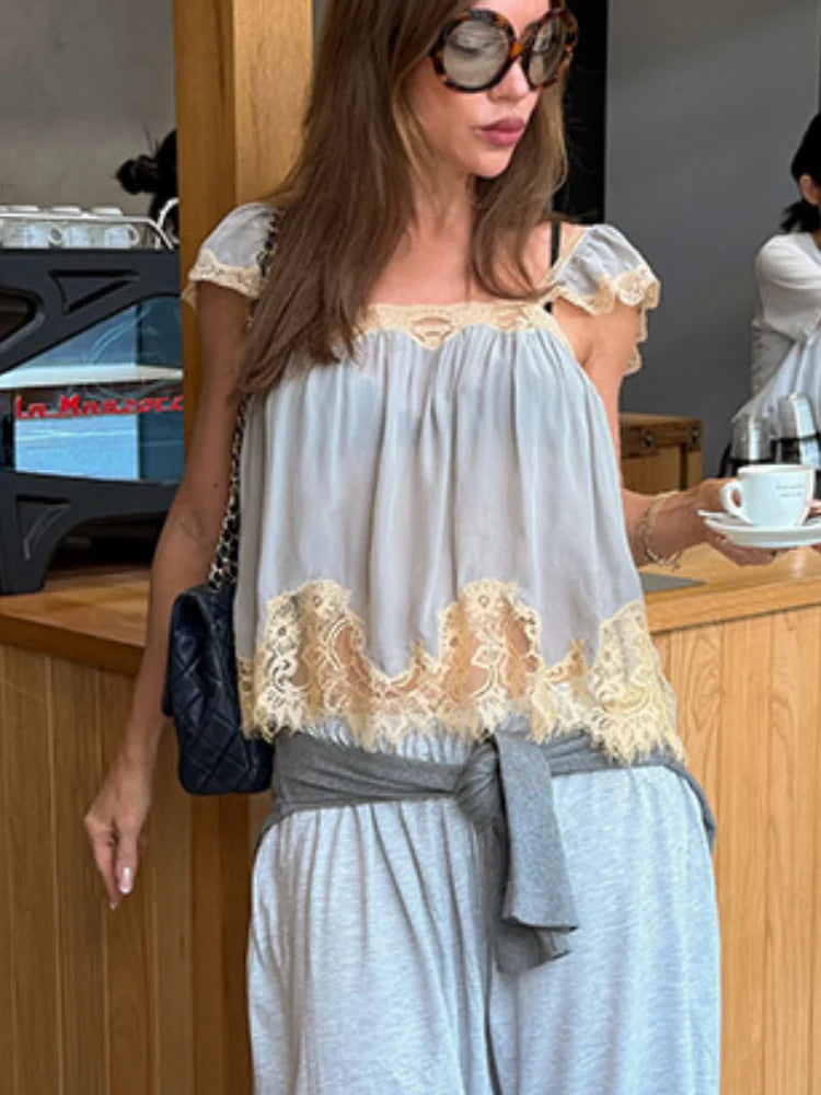 Lace Spliced Square Neck Spaghetti Strap Blouse Loose Fit Cropped 2026 Summer Women Chiffon Top Casual Delicate Lady Blouse
