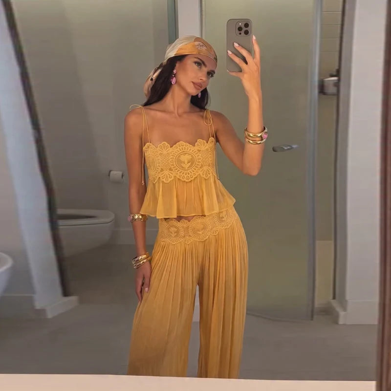 Women's Pant Set Sheer Layers Spaghetti Strap Backless Lace Top Straps Solid Loose Straight Elastic Hem Fashion Beach Chic Suits