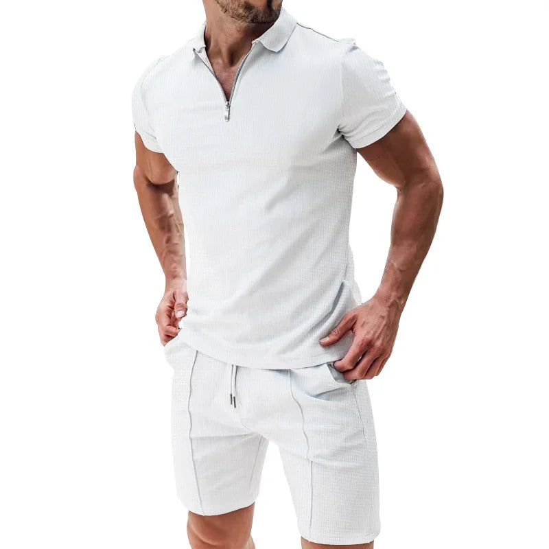 Summer Men's Sports Polo Suit Short Sleeve Stylish Zipper Polo Shirt And Shorts Set Men Casual Streetwear 2-Piece Leisure Sports Set