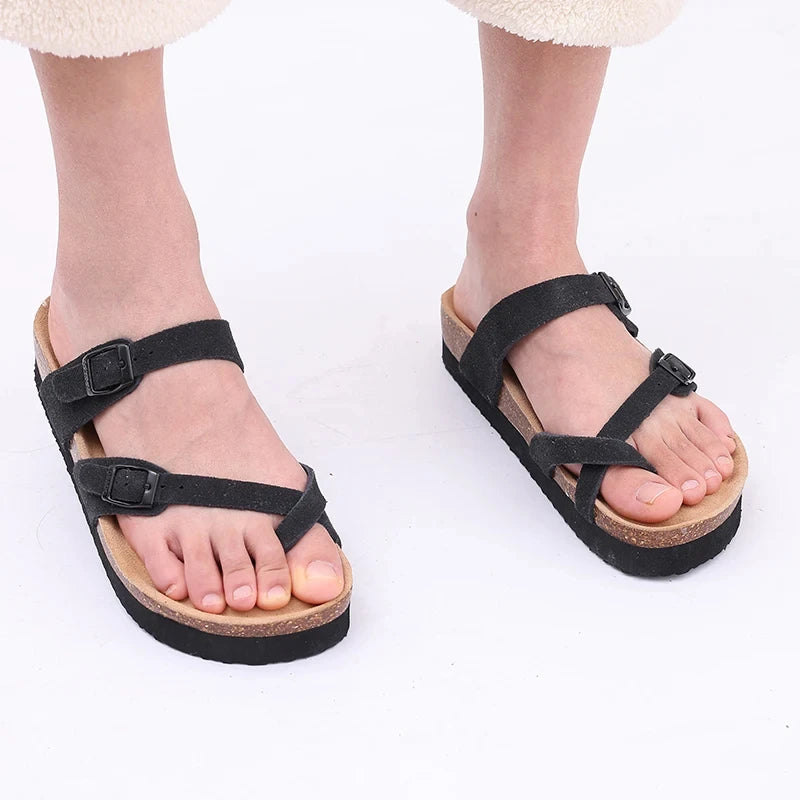 Shevalues Cork Sole Slippers For Women Men Classic Suede Summer Sandals With Arch Support Fashion Orthopedic Beach Cork Shoes