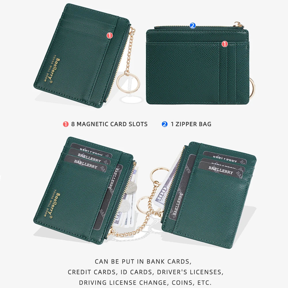 1Pcs/Baellerry Ultra-Thin Card Holder, Multiple Card Slots + Zippered Coin Pocket, with Keychain Lanyard, Portable Coin Purse