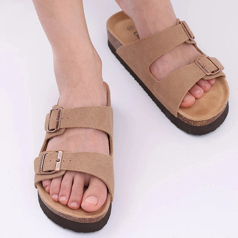 Shevalues Cork Sole Slippers For Women Men Classic Suede Summer Sandals With Arch Support Fashion Orthopedic Beach Cork Shoes