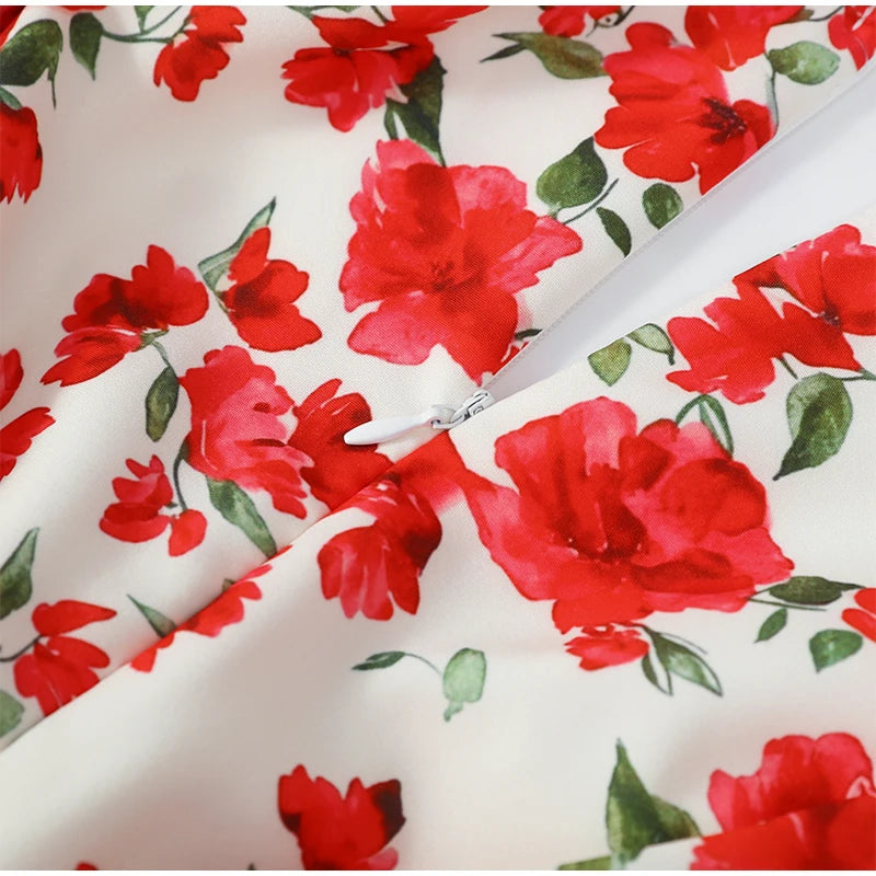 White Red Floral Ruched Puff Sleeve Mini Dress V-neck Ruffle Hem 3D Rose Dresses 2026 Summer Lady Party Sweet Date Vestidos New