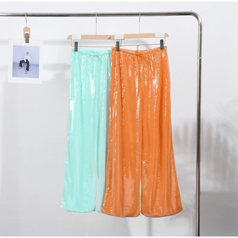 Loose Solid Color Sequin Pants Women Cinched Waist Glitter Straight Baggy Long Pants Casual Street Chic Sparkle Women's Trousers