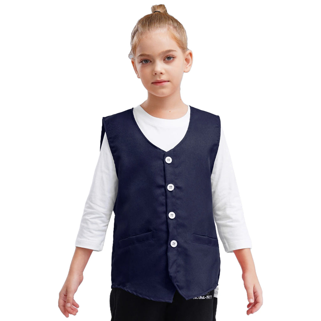 Kids Boys Girls Button Volunteer Vest Solid Color V Neck Sleeveless Waistcoat Volunteers School Camp Activities Uniform