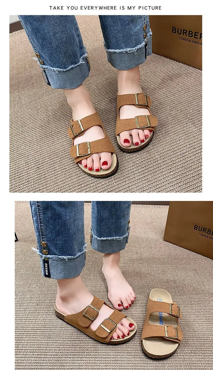 Shevalues Cork Sole Slippers For Women Men Classic Suede Summer Sandals With Arch Support Fashion Orthopedic Beach Cork Shoes