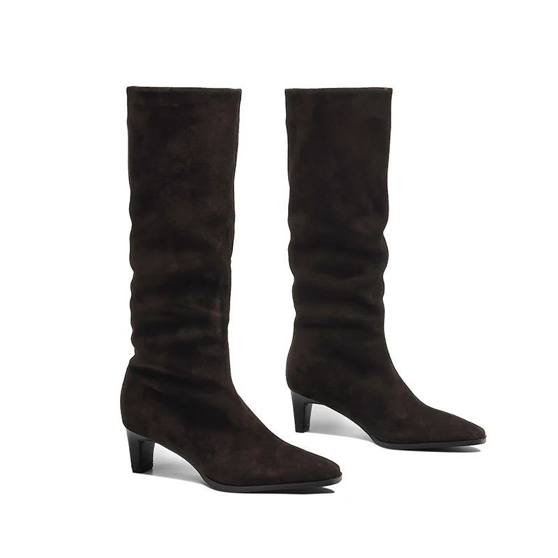 2025 New Trend Cow Suede Women Autumn Winter Slip-On Boots Chocolate Burgundy High Chunky Heels Square Toe Lady Knee High Boots