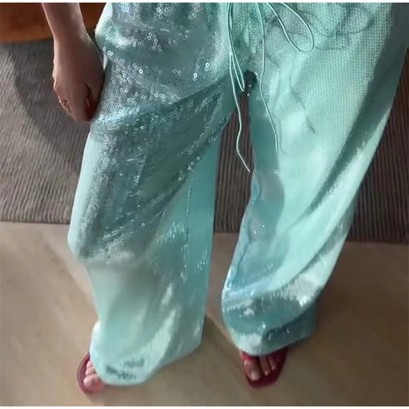 Loose Solid Color Sequin Pants Women's Cinched Waist Glitter Straight Baggy Long Pants Casual Street Chic Sparkle Women's Trousers
