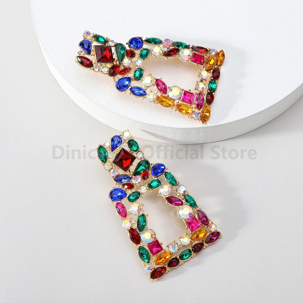 Bohemian Colorful Crystal Decor Large Dangle Earrings For Women Luxury Design Charm Holiday Unusual Pendant Jewelry Accessories
