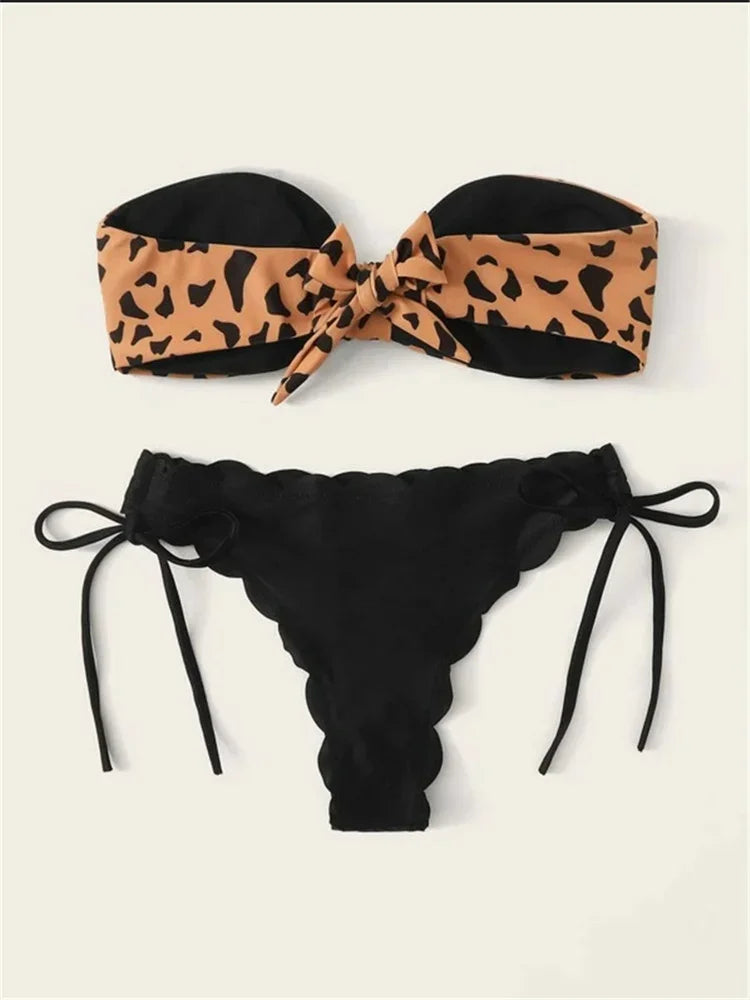 Beach Bikini 2026 Women Sexy Front Lace Up Tie Bandeau Leopard Swimsuit Female Push Up Ruffled Bow Bathing Suit Thong Swimwear