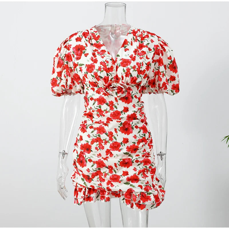 White Red Floral Ruched Puff Sleeve Mini Dress V-neck Ruffle Hem 3D Rose Dresses 2026 Summer Lady Party Sweet Date Vestidos New