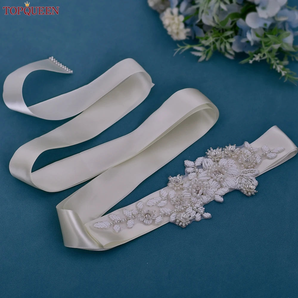 TOPQUEEN S484 Bridal Belt Fashion Wedding Accessories White Pearl Beaded Flower Sash Women's Party Dresses Accessories Appliques