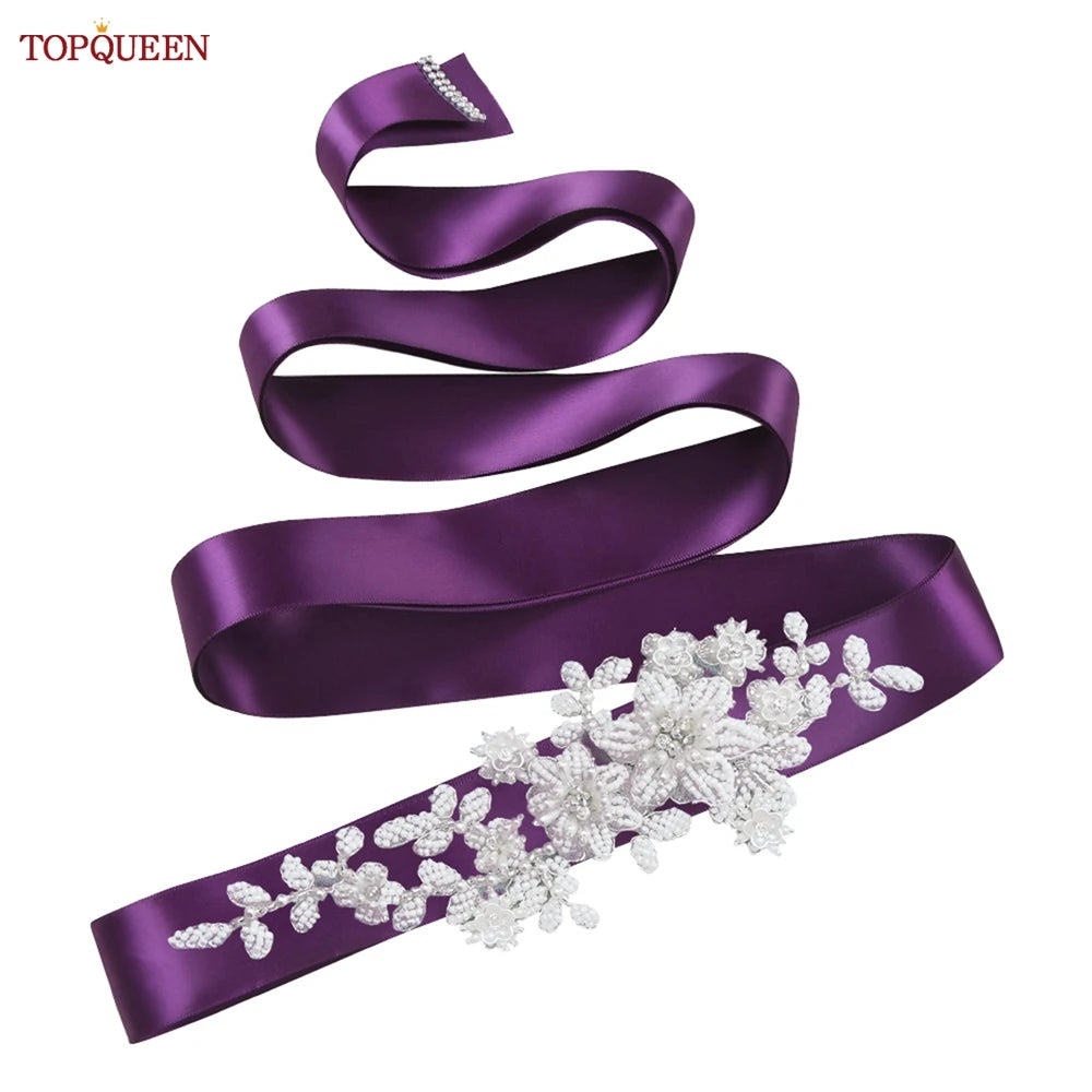 TOPQUEEN S484 Bridal Belt Fashion Wedding Accessories White Pearl Beaded Flower Sash Women's Party Dresses Accessories Appliques