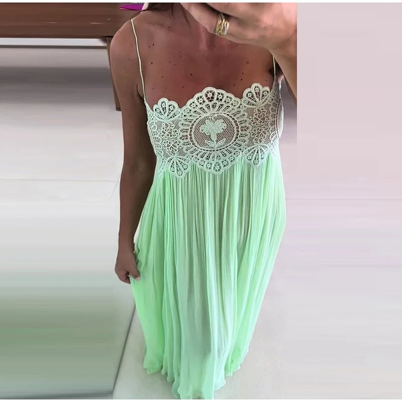 Women's Pant Set Sheer Layers Spaghetti Strap Backless Lace Top Straps Solid Loose Straight Elastic Hem Fashion Beach Chic Suits