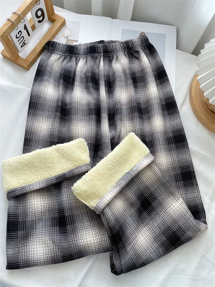 Fashion Warm Plush Pants Cashmere Thick Plaid Women's Winter Casual Loose Wide-legged Pants Korean Streetwear Students