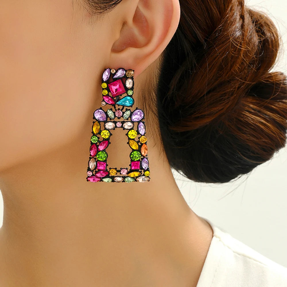 Bohemian Colorful Crystal Decor Large Dangle Earrings For Women Luxury Design Charm Holiday Unusual Pendant Jewelry Accessories