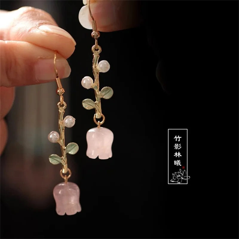 2025 New Sweet Temperament Small Fresh Bamboo White Lily Of The Valley Flower Earrings Elegant And Gentle Asymmetric  Earrings