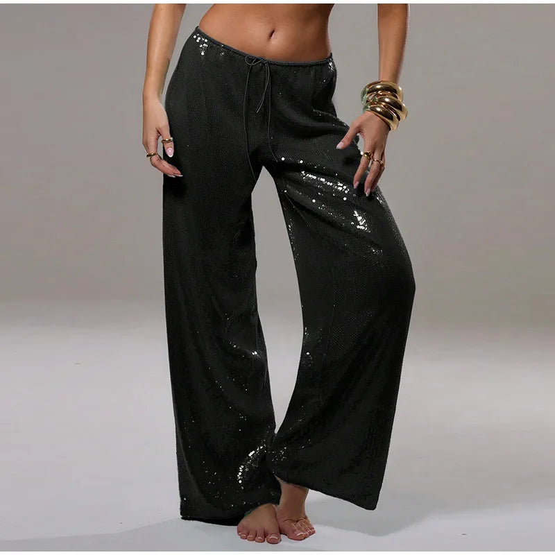 Loose Solid Color Sequin Pants Women Cinched Waist Glitter Straight Baggy Long Pants Casual Street Chic Sparkle Women's Trousers