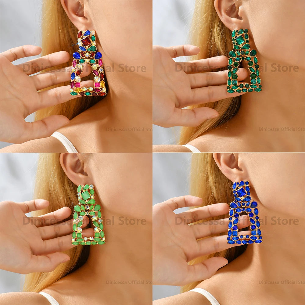 Bohemian Colorful Crystal Decor Large Dangle Earrings For Women Luxury Design Charm Holiday Unusual Pendant Jewelry Accessories