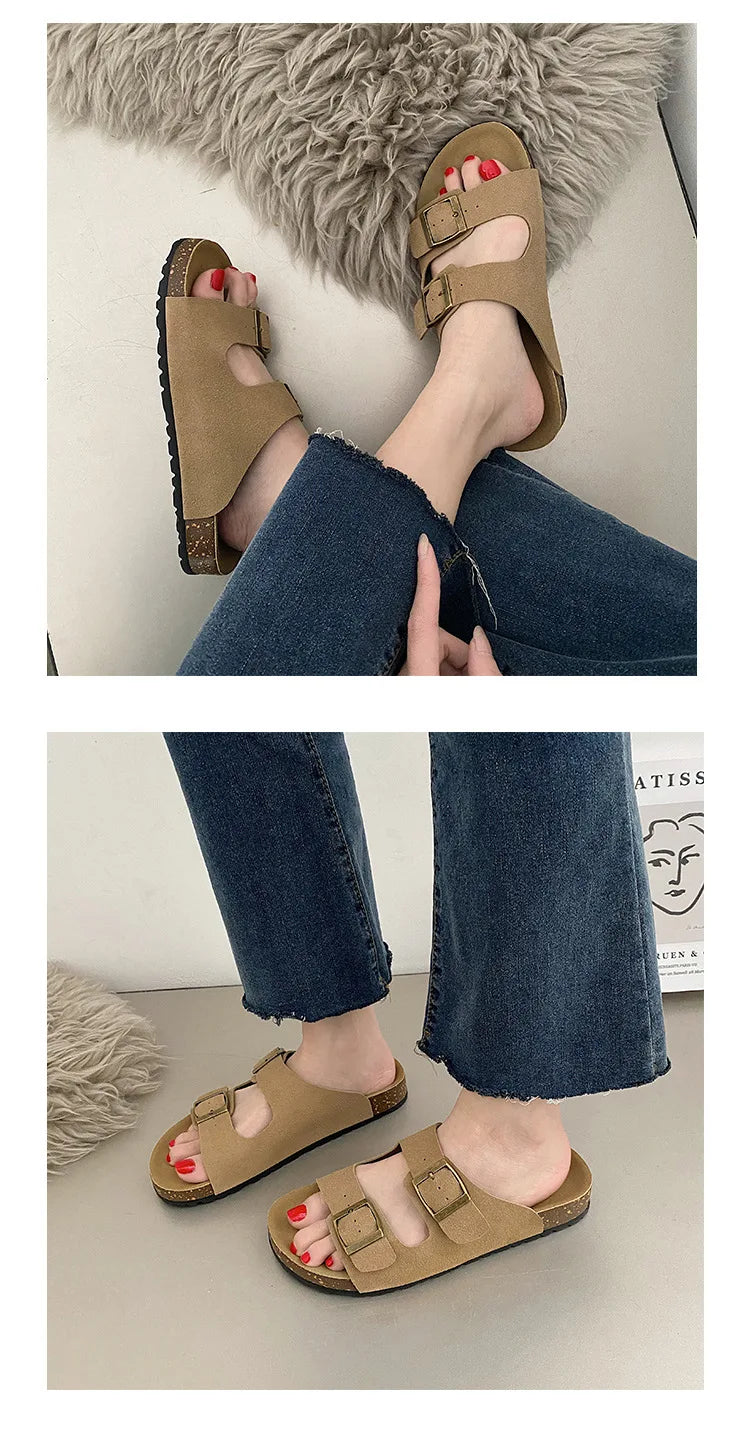 Shevalues Cork Sole Slippers For Women Men Classic Suede Summer Sandals With Arch Support Fashion Orthopedic Beach Cork Shoes