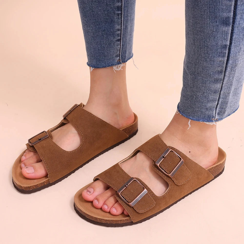 Shevalues Cork Sole Slippers For Women Men Classic Suede Summer Sandals With Arch Support Fashion Orthopedic Beach Cork Shoes