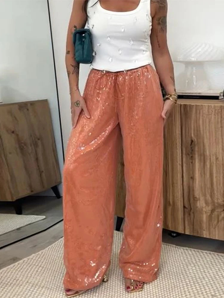Loose Solid Color Sequin Pants Women's Cinched Waist Glitter Straight Baggy Long Pants Casual Street Chic Sparkle Women's Trousers