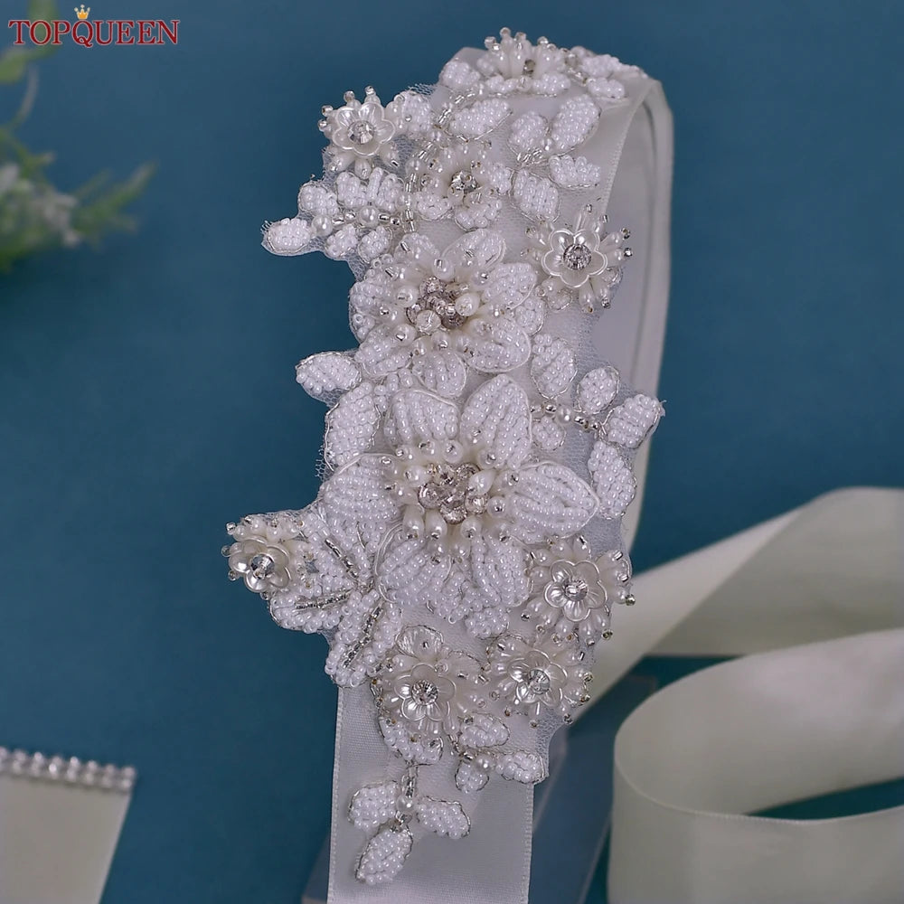 TOPQUEEN S484 Bridal Belt Fashion Wedding Accessories White Pearl Beaded Flower Sash Women's Party Dresses Accessories Appliques