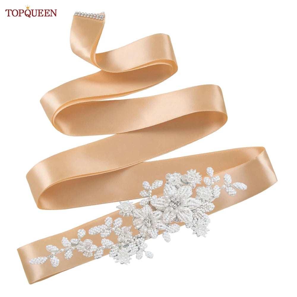 TOPQUEEN S484 Bridal Belt Fashion Wedding Accessories White Pearl Beaded Flower Sash Women's Party Dresses Accessories Appliques