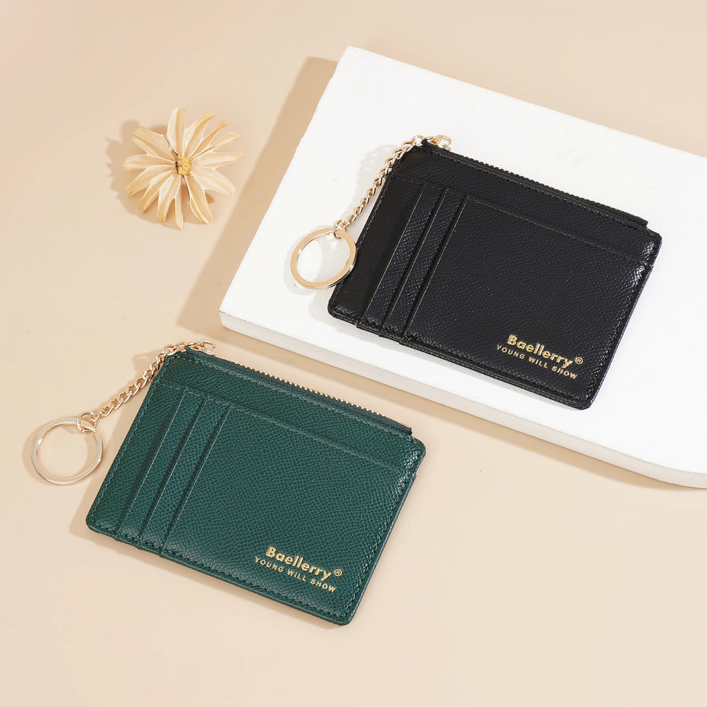 1Pcs/Baellerry Ultra-Thin Card Holder, Multiple Card Slots + Zippered Coin Pocket, with Keychain Lanyard, Portable Coin Purse