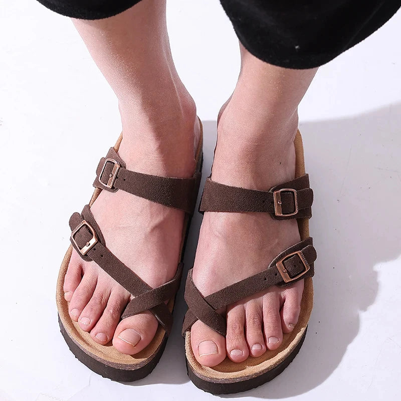Shevalues Cork Sole Slippers For Women Men Classic Suede Summer Sandals With Arch Support Fashion Orthopedic Beach Cork Shoes